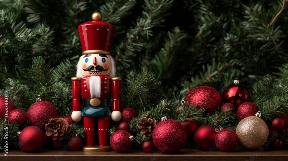 Poster whimsical holiday window display with a nutcracker centerpiece and colorful baubles background with 