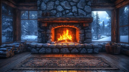 A cozy stone fireplace in a rustic cabin, surrounded by a winter landscape.