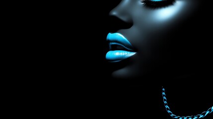 blue lipstick smeared boldly, chain adorning her neck