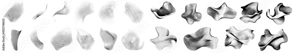 Poster waves with dotted gradients. hashed semitones. abstract liquid shapes with dotted gradients. modern 