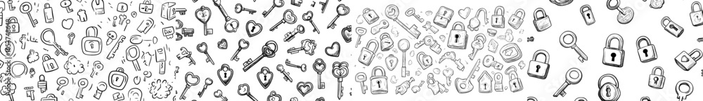 Poster vintage old keys with keychains for locking and unlocking padlocks. illustration of medieval objects