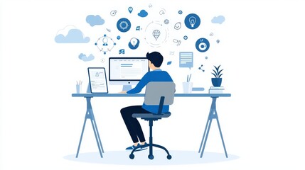 Professional with multiple devices in a home office, illustrating telelavoro multitasking.