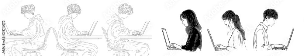 Poster this is a freelance remote worker character. he works with a laptop computer and typed on the keyboa