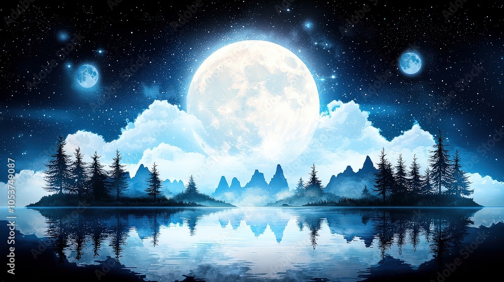 Poster reflection of full moon on a mirror-like lake with scattered clouds, rugged cliffs in the background