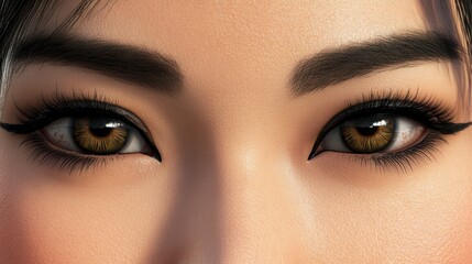 Obraz premium A close-up of a woman's eye adorned with long lashes and applied brown eyeshadow