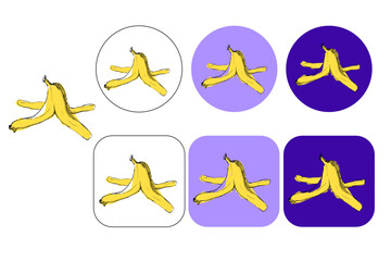 Obraz premium banana peel vector illustration logo in graphic. isolated on colored background in circle round and square template. garden fertilizer, natural and biodegradable waste. slippery fruit shell. 