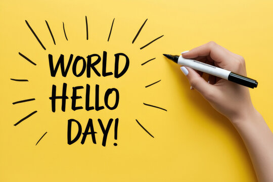 "World hello day" text on yellow background. November 21. AI generated