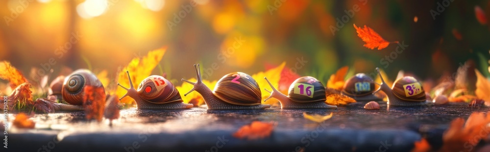 Poster five snails with numbers on their shells are lined up on a log in a forest with colorful leaves.