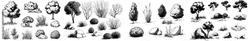 Poster in stroke fill in white, tree stone line drawing in sketch style with side view. set of graphics tre