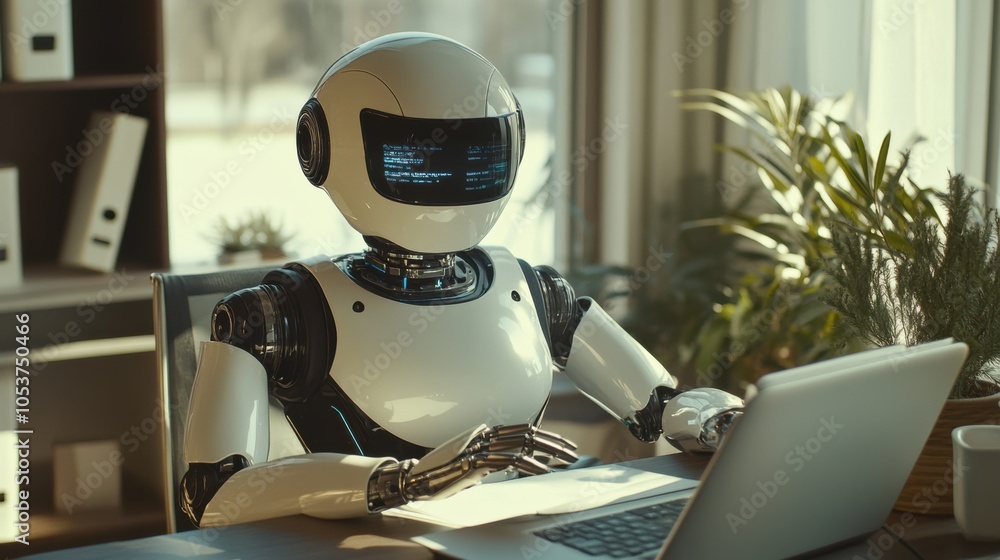 Poster robot working on a laptop in a modern office setting during daytime