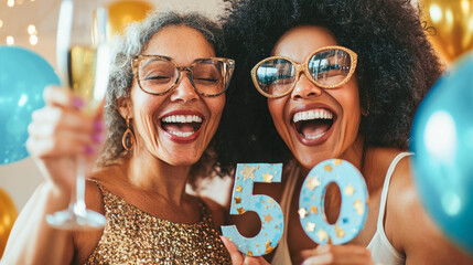 Happy mature latin women friends laughing and posing while celebrating fiftieth birthday - Party and lifestyle concept - Models by AI generative