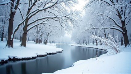 Obraz premium Winter landscape with snow-covered trees, calm river, serene atmosphere, tranquil nature scene. Generative, AI,