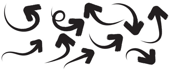 Brush, marker drawn bold arrows set. Collection of hand drawn doodle thick arrows in different directions.