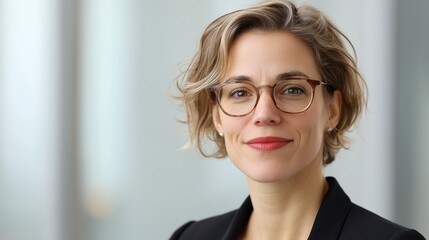 Fototapeta premium Professional woman with short curly hair and glasses, exuding confidence and approachability in modern office setting