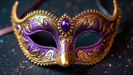 Luxurious gold and purple Mardi Gras mask adorned with jewels, festive and artistic mood, close-up on glittery background