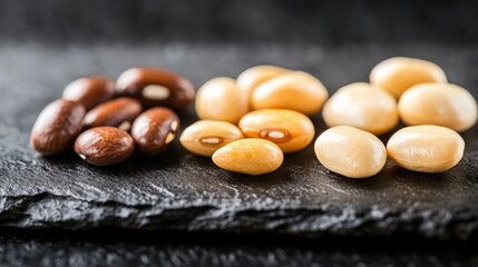 Fototapeta premium Two piles of beans on black cloths