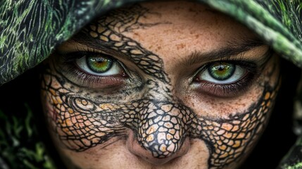 green eyes, hooded head adorned with a lizard emblem