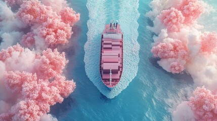 Cargo ship navigation in pastel 3D render, Import-export logistics, cargo ship is running with beautiful waves, top view