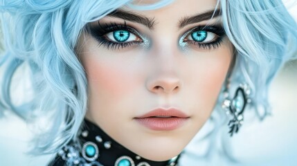 Fototapeta premium A tight shot of a woman with blue hair, choker, and blue eyes