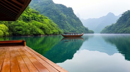  A boat floats on a lake beside a lush green forest The forested mountain, covered in mist, looms in the background