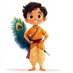 An Indian cartoon boy with a peacock feather, wearing a kurta and dhoti