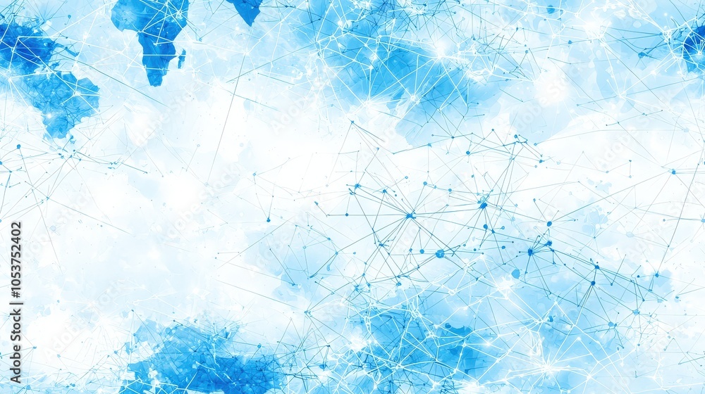 Poster world map with interconnecting lines and nodes on a light blue background, creating a seamless patte