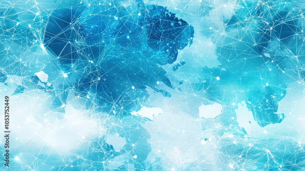 Poster world map with interconnecting lines and nodes on a light blue background, creating a seamless patte