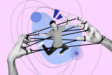 Composite trend artwork sketch collage of copyspace monochrome young man jump levitate hand gesture...
