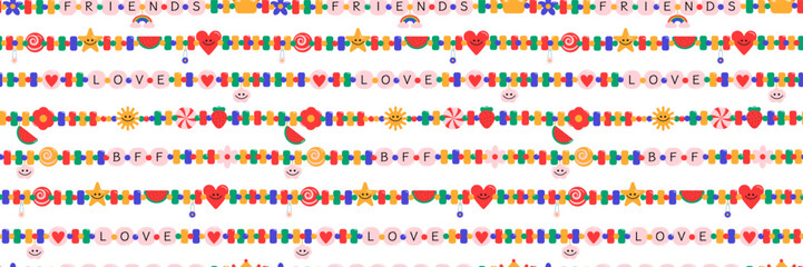 Seamless pattern of vibrant friendship bracelets featuring hearts, stars, and cheerful emojis, symbolizing love and connection between best friends