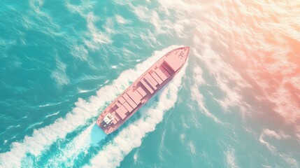 Obraz premium Cargo ship navigation in pastel 3D render, Import-export logistics, cargo ship is running with beautiful waves, top view