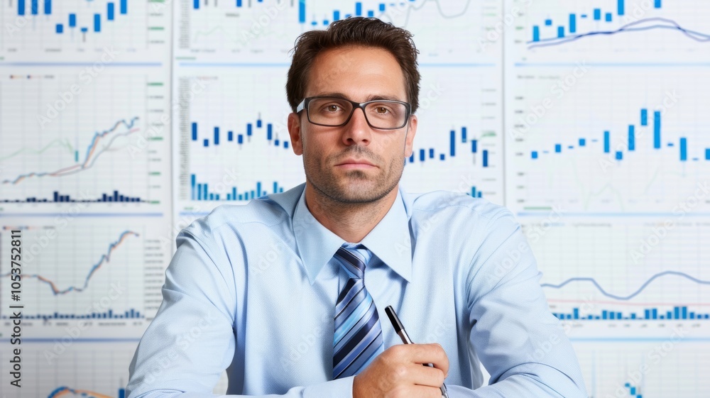 Poster financial analyst in office with data charts and graphs background