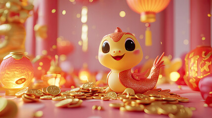 Chinese new year 2025. A snake with a traditional red Oriental lantern