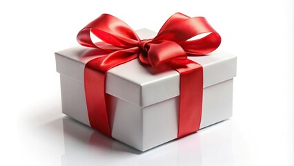 Obraz premium Realistic white gift box with red satin ribbon isolated on white background