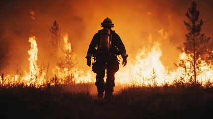 Courageous firefighter fights to control a raging forest fire surrounded by towering flames and intense heat as the battle against the destructive wildfire rages on in the rugged untamed landscape