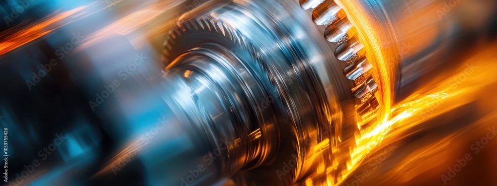 Poster abstract metallic cogwheel with intricate details, set against a softly blurred backdrop, emphasizin