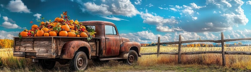 Rustic pickup truck loaded with pumpkins, parked in a field with a blue sky background.