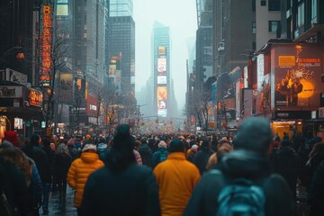 Obraz premium Tourists walking in times square during snowfall in new york city