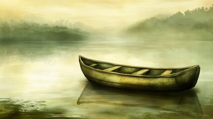 Obraz premium A boat painted on a tranquil lake, surrounded by fog-shrouded trees in the foreground and a misty sky behind