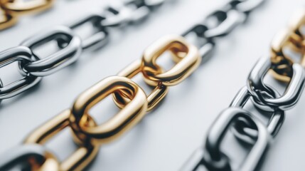 Fototapeta premium A tight shot of a gold-silver chain against a white background, featuring a black and gold clasp in its midsection