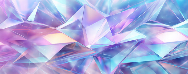 Iridescent pastel holographic abstract background, 3D geometric shapes, soft lights, crystal, triangle, sharp, pointed, neon lights.