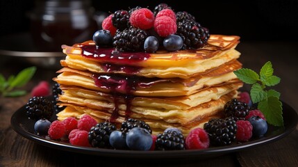 A stack of golden brown pancakes topped with fresh raspberries, blackberries, and blueberries, all drizzled with a sweet purple glaze.  A sprig of fresh mint adds a touch of color to the composition.