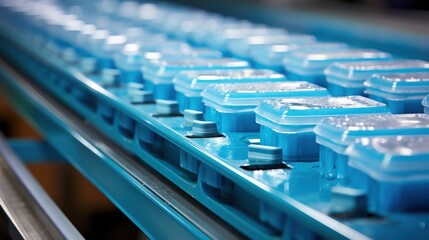 Fototapeta premium A close-up view of a conveyor belt with rows of blue plastic containers, highlighting the streamlined efficiency of a modern production line.