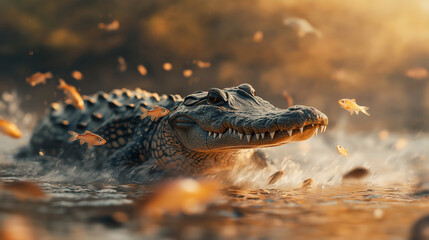 Obraz premium Crocodile, Large reptile with tough skin and jaws walking through riverbed with fish scattering