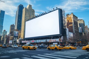 Large blank billboard on building with new york city taxis passing by