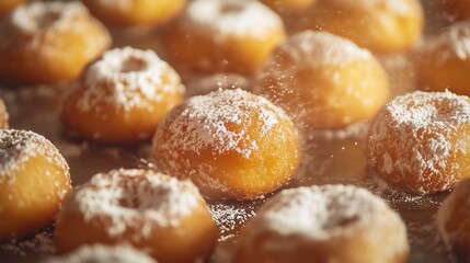 Delicious donuts generously sprinkled with powdered sugar. The golden hue of the donuts and diffused light create a cozy atmosphere and a feeling of warmth. Beignets.