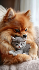 Obraz premium A cute Pomeranian dog cuddling a small grey kitten on a cozy blanket.
