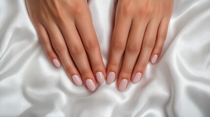 Fototapeta premium Beautifully manicured hands with a classic French nail design resting gracefully on a smooth white silk surface creating a tranquil and elegant composition