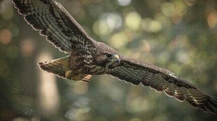 Obraz premium Majestic common buzzard soars gracefully in a lush forest, showcasing its impressive wingspan and powerful presence. Enjoy the sight of this european raptor hunting and soaring in the wild