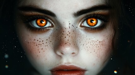 Naklejka premium A tight shot of a woman's face adorned with freckled makeup and authentic freckled eyes