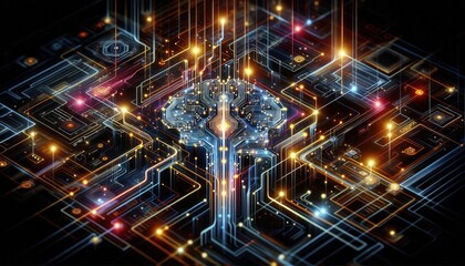 Obraz premium High-Resolution Digital Illustration of Machine Learning with Abstract Neural Networks, Interconnected Circuits, and Algorithmic Data Paths in a Futuristic Style